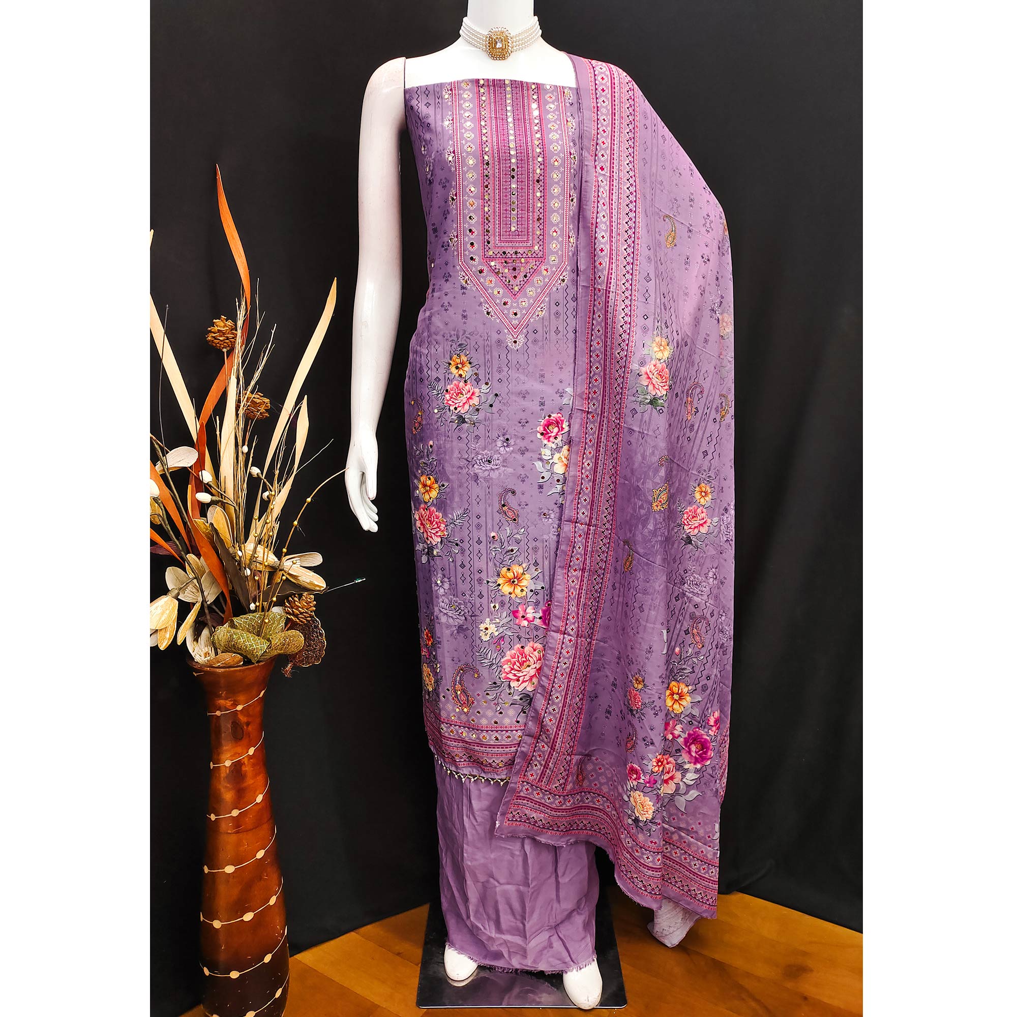 Lavender Dress Material in Muslin with Delicate Mirror Highlights