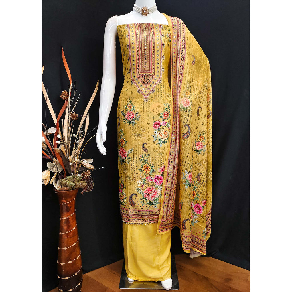 Mustard Dress Material in Muslin with Delicate Mirror Highlights