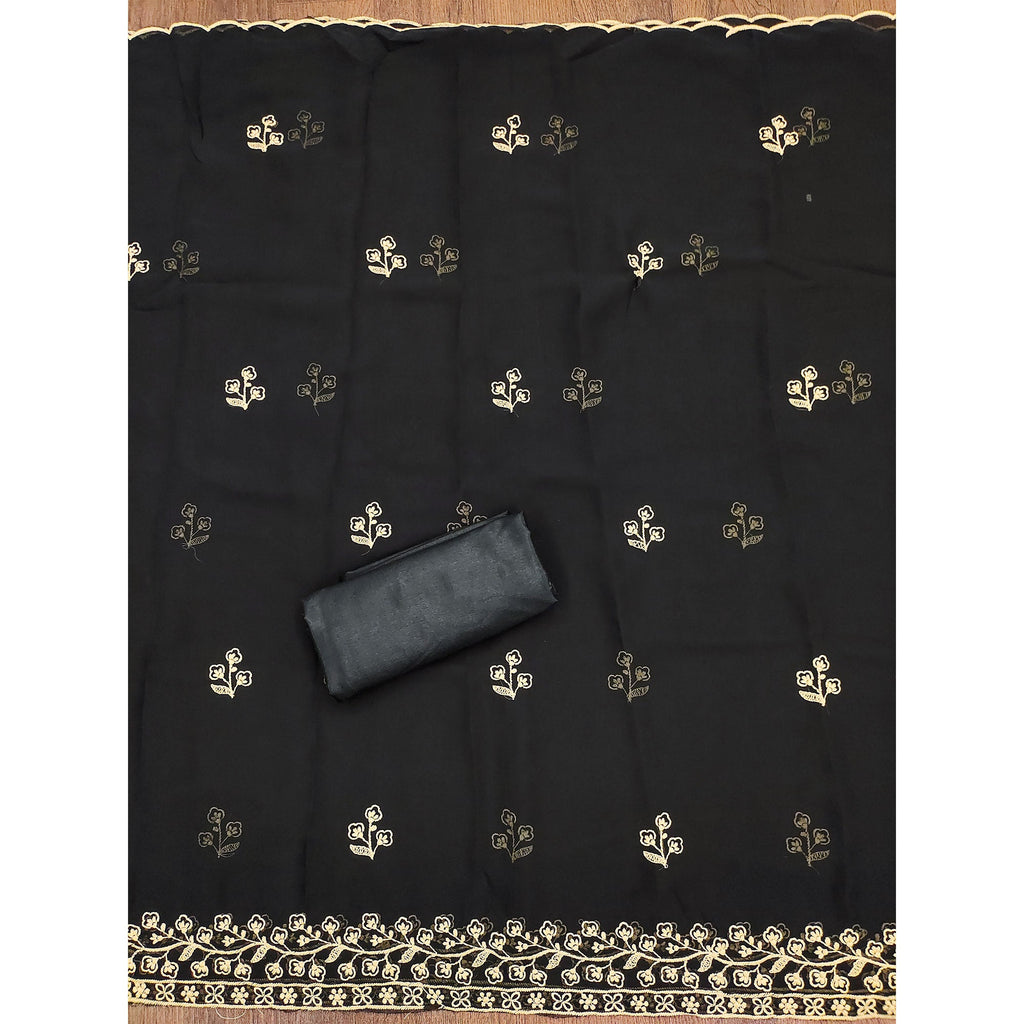 Black Floral Embroidered Georgette Dress Material