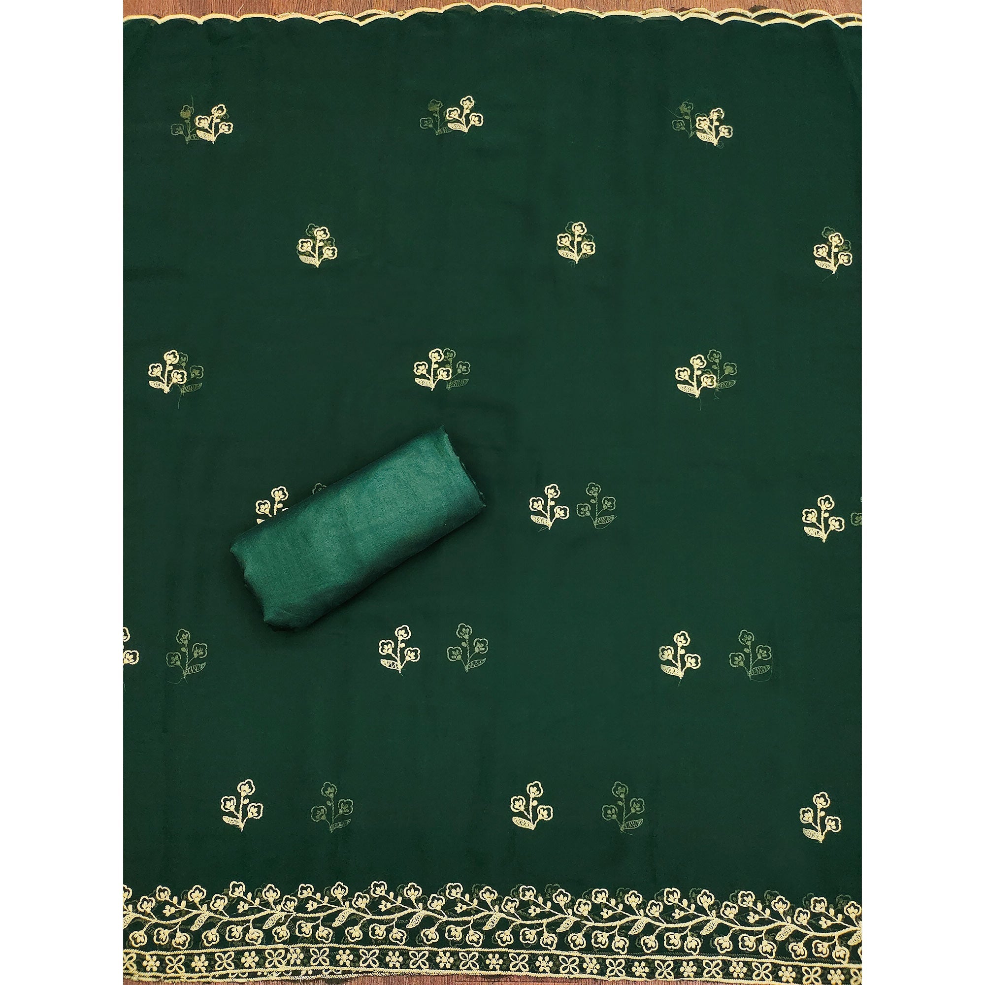 Green Floral Embroidered Georgette Dress Material
