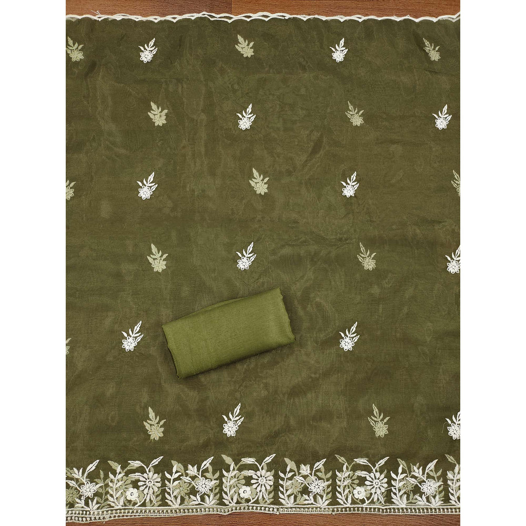 Green Floral Embroidered Organza Dress Material