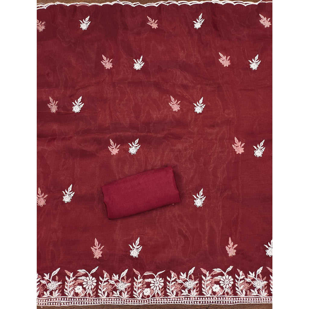 Maroon Floral Embroidered Organza Dress Material