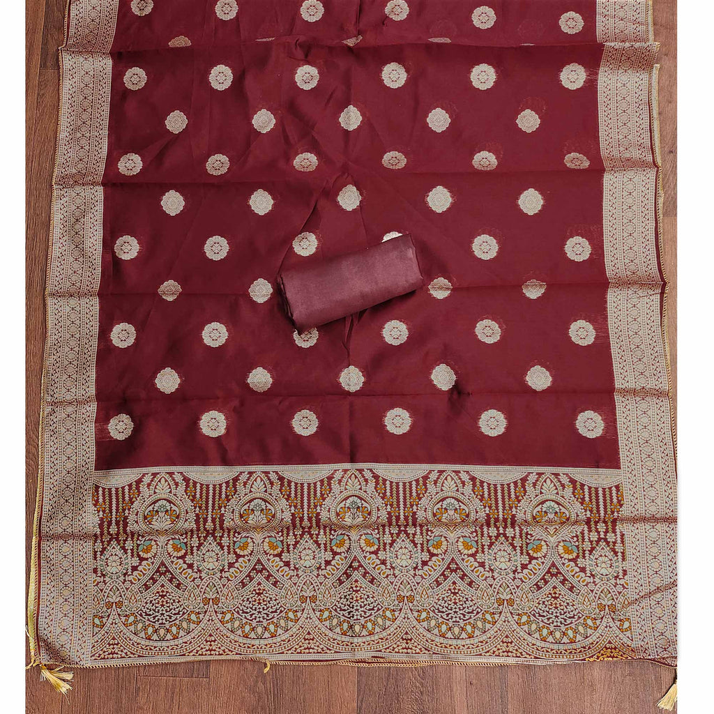 Maroon Unstitched Dress Material in Zari Woven Jacquard