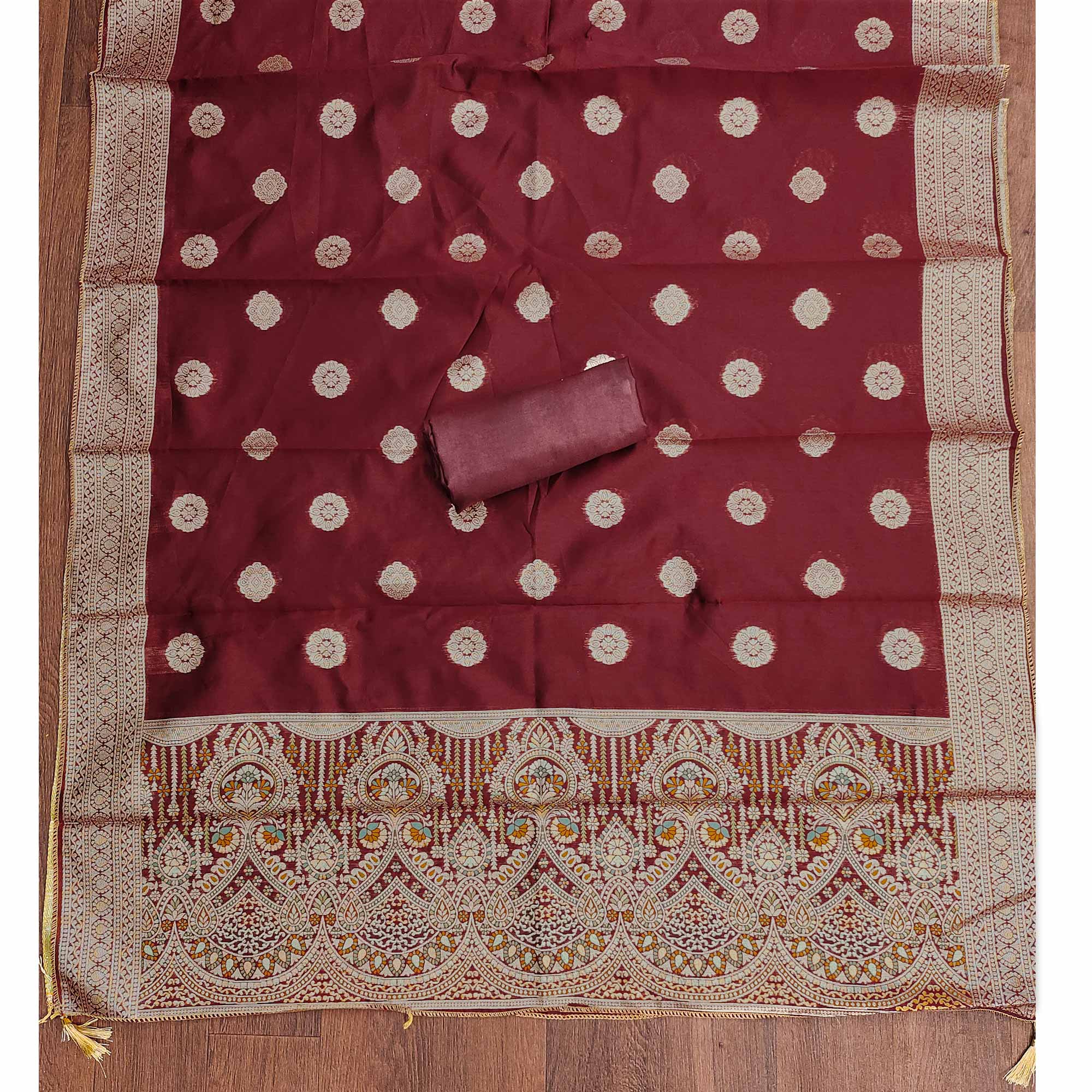 Maroon Unstitched Dress Material in Zari Woven Jacquard