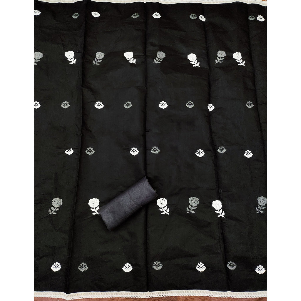 Black Embroidered Chanderi Cotton Suit Fabric with Floral Detailing