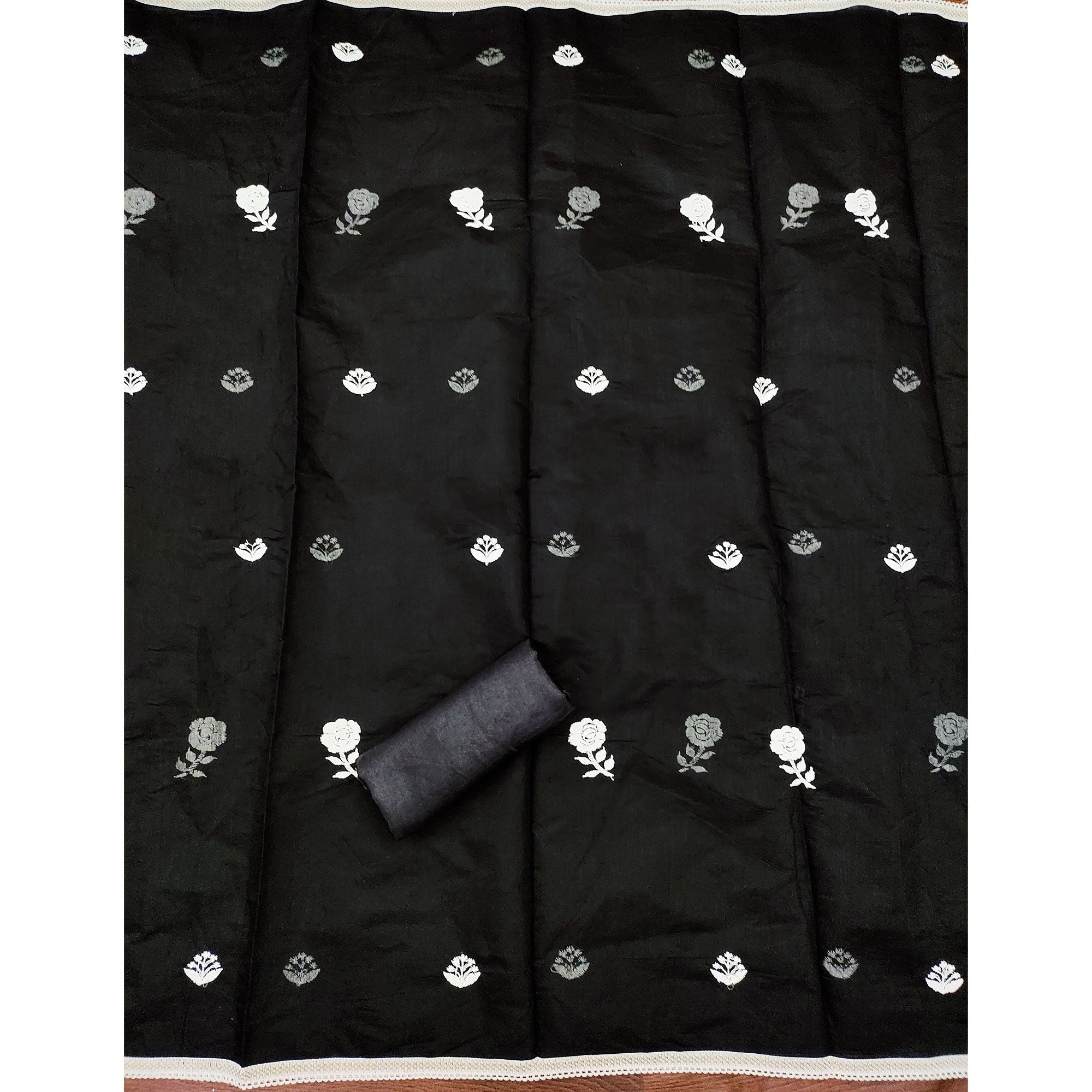 Black Embroidered Chanderi Cotton Suit Fabric with Floral Detailing