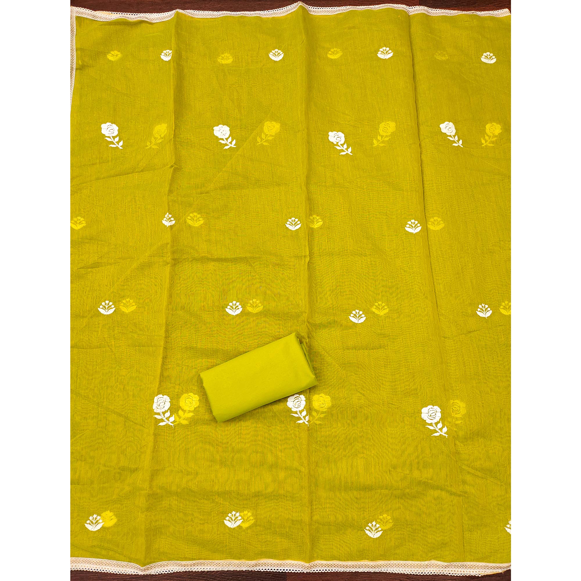 Bright Yellow Embroidered Chanderi Cotton Suit Fabric with Floral Detailing