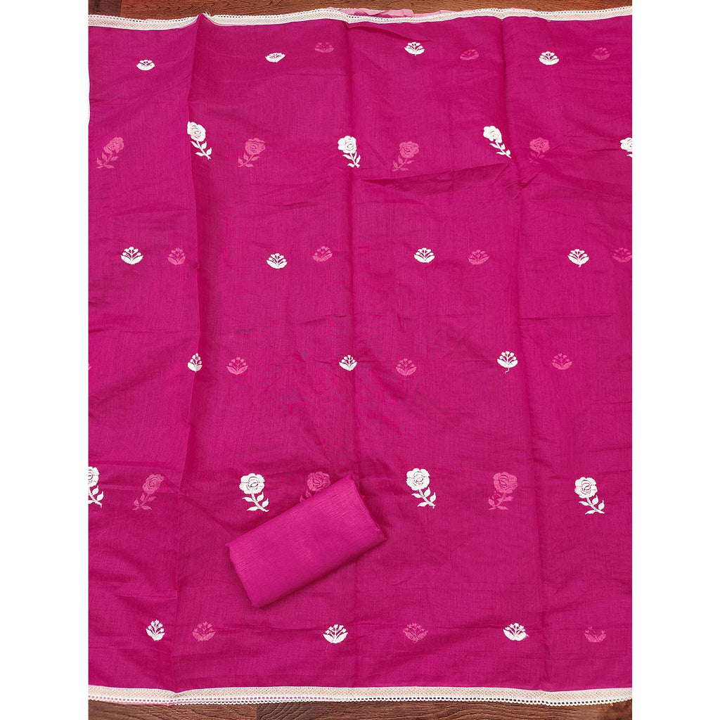 Dark Pink Embroidered Chanderi Cotton Suit Fabric with Floral Detailing