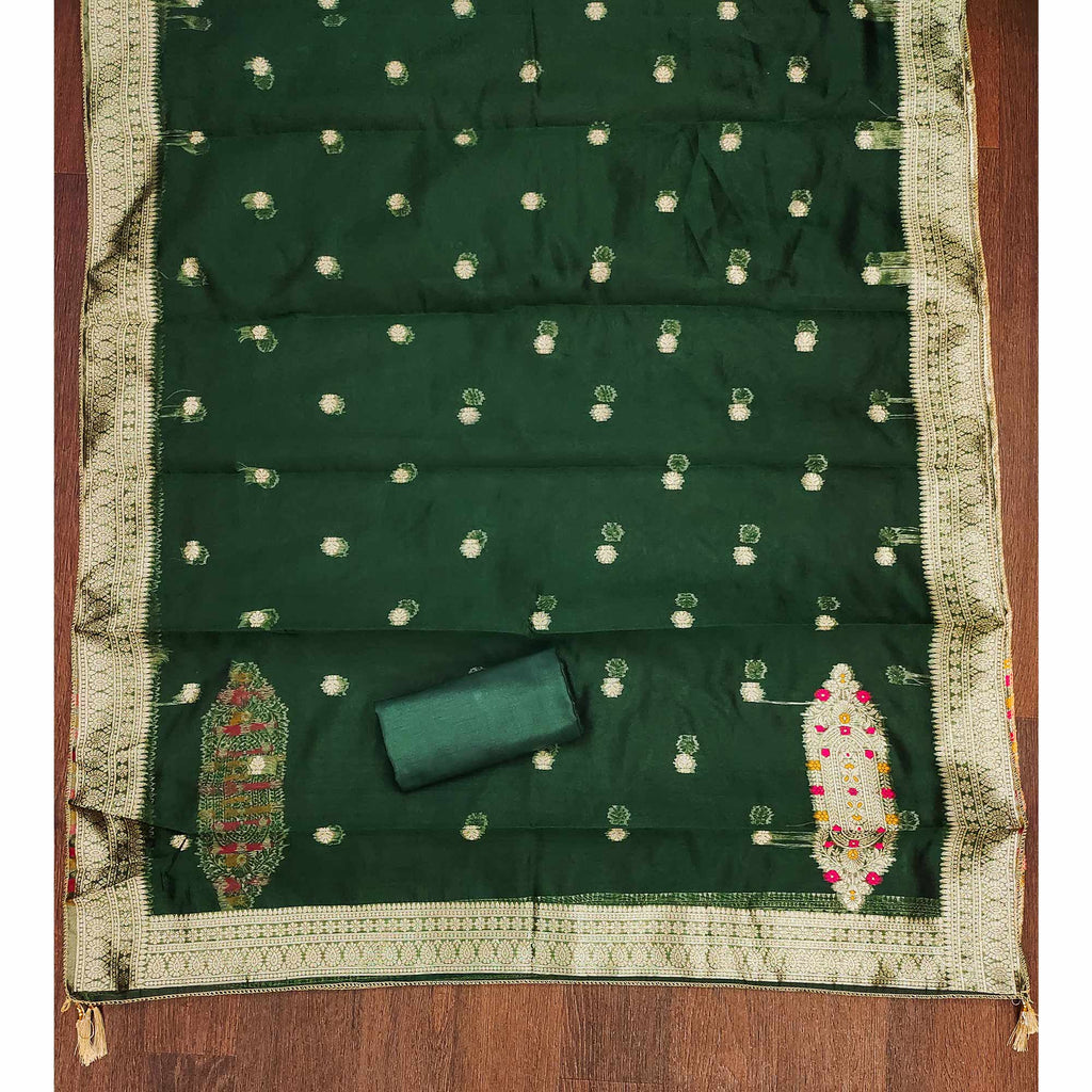 Festive Green Unstitched Dress Material in Zari Weaving Jacquard
