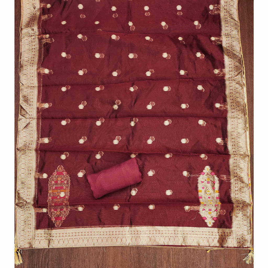 Festive Maroon Unstitched Dress Material in Zari Weaving Jacquard