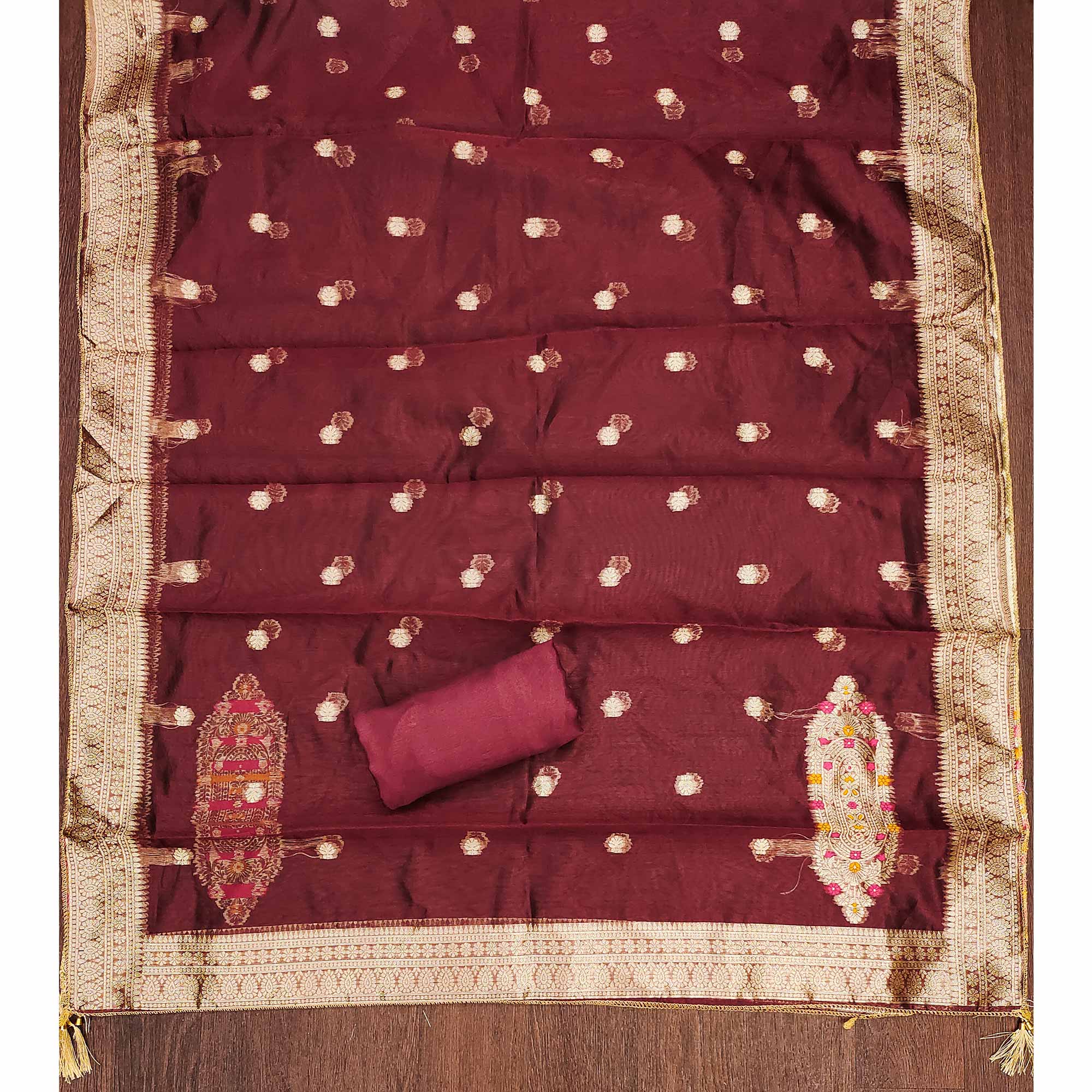 Festive Maroon Unstitched Dress Material in Zari Weaving Jacquard