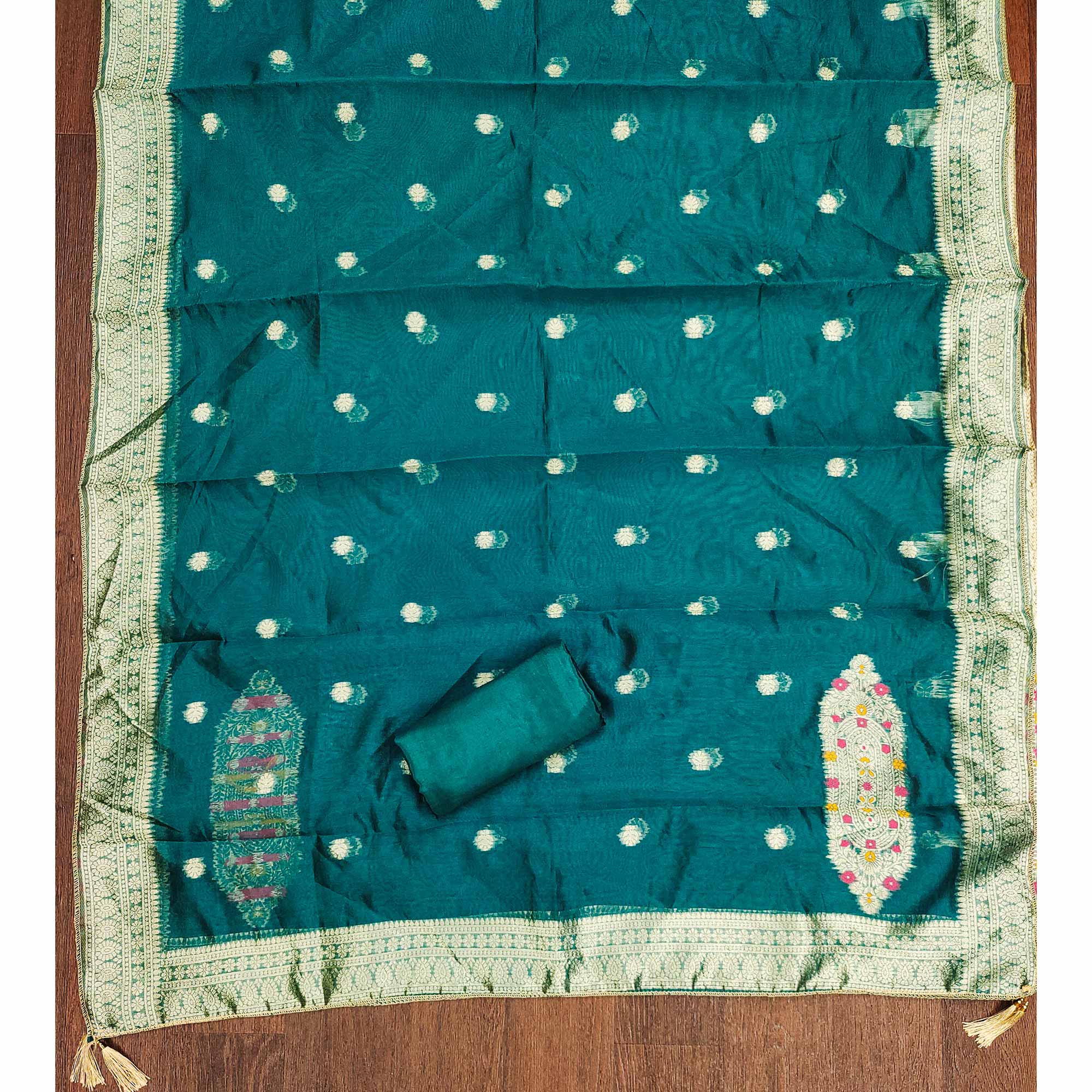 Festive Teal Unstitched Dress Material in Zari Weaving Jacquard
