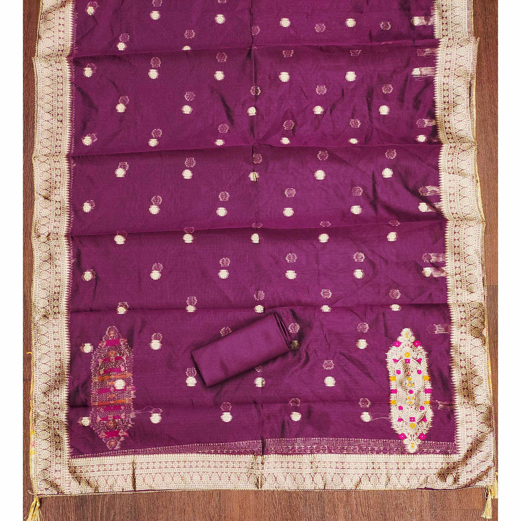 Festive Wine Unstitched Dress Material in Zari Weaving Jacquard