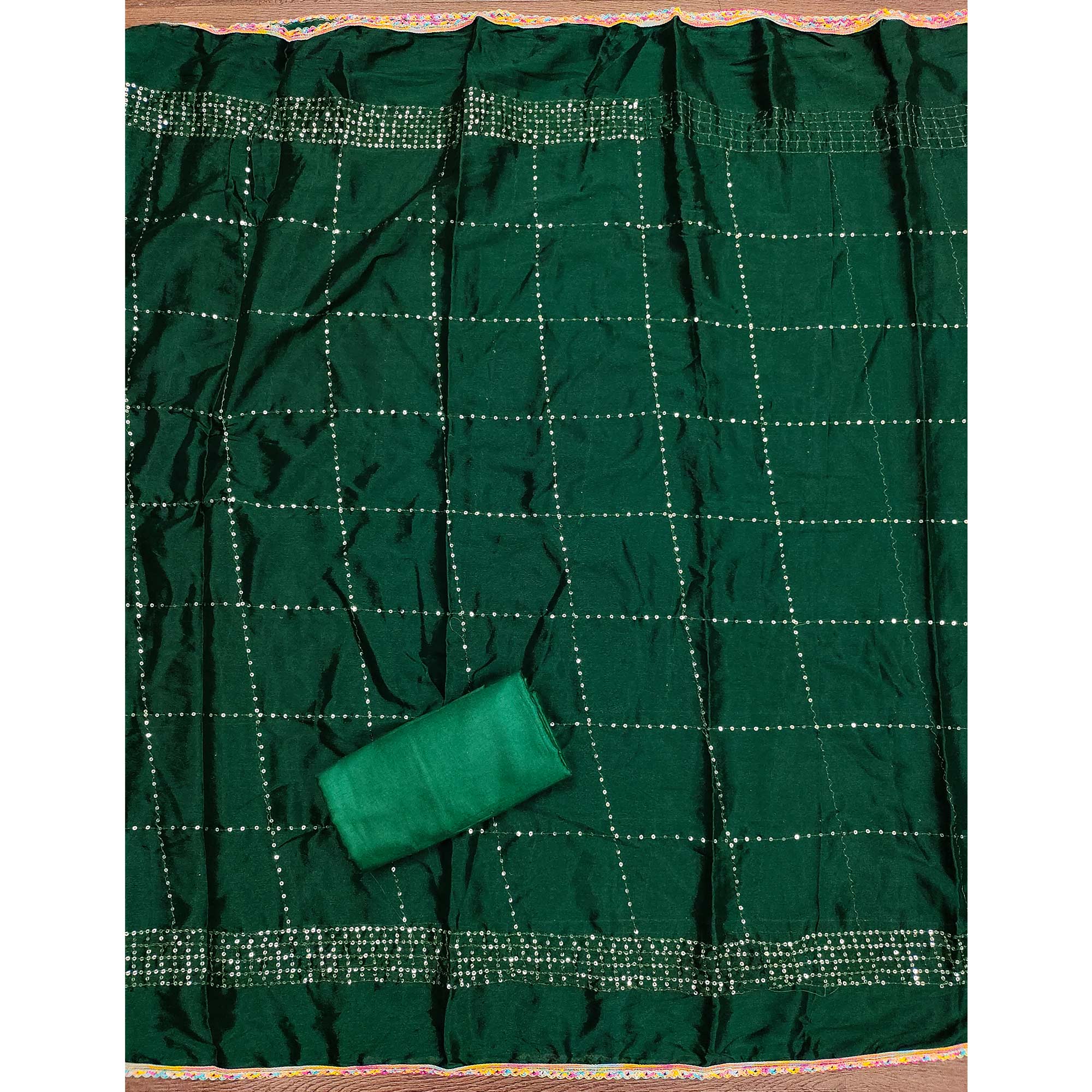 Festive Green Dress Material in Vichitra Silk with Sequin Highlights