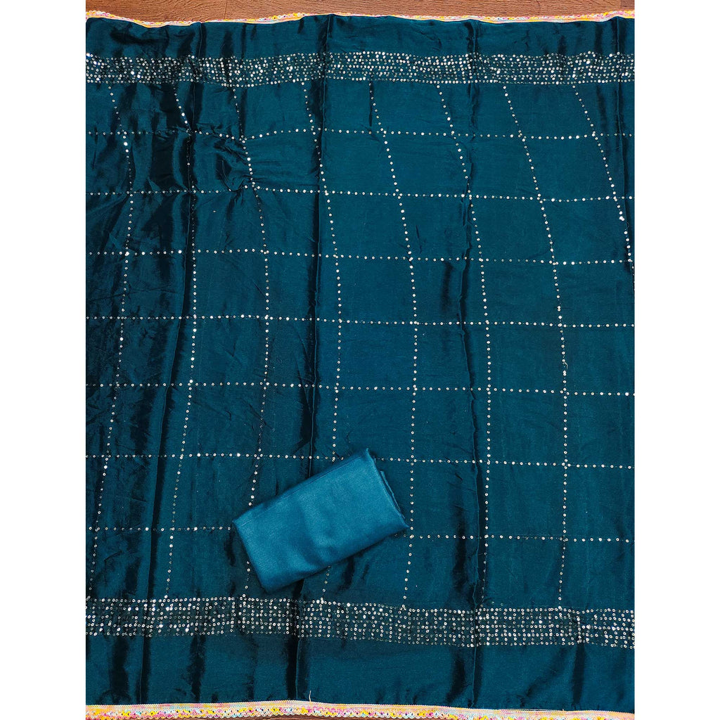 Festive Teal Dress Material in Vichitra Silk with Sequin Highlights