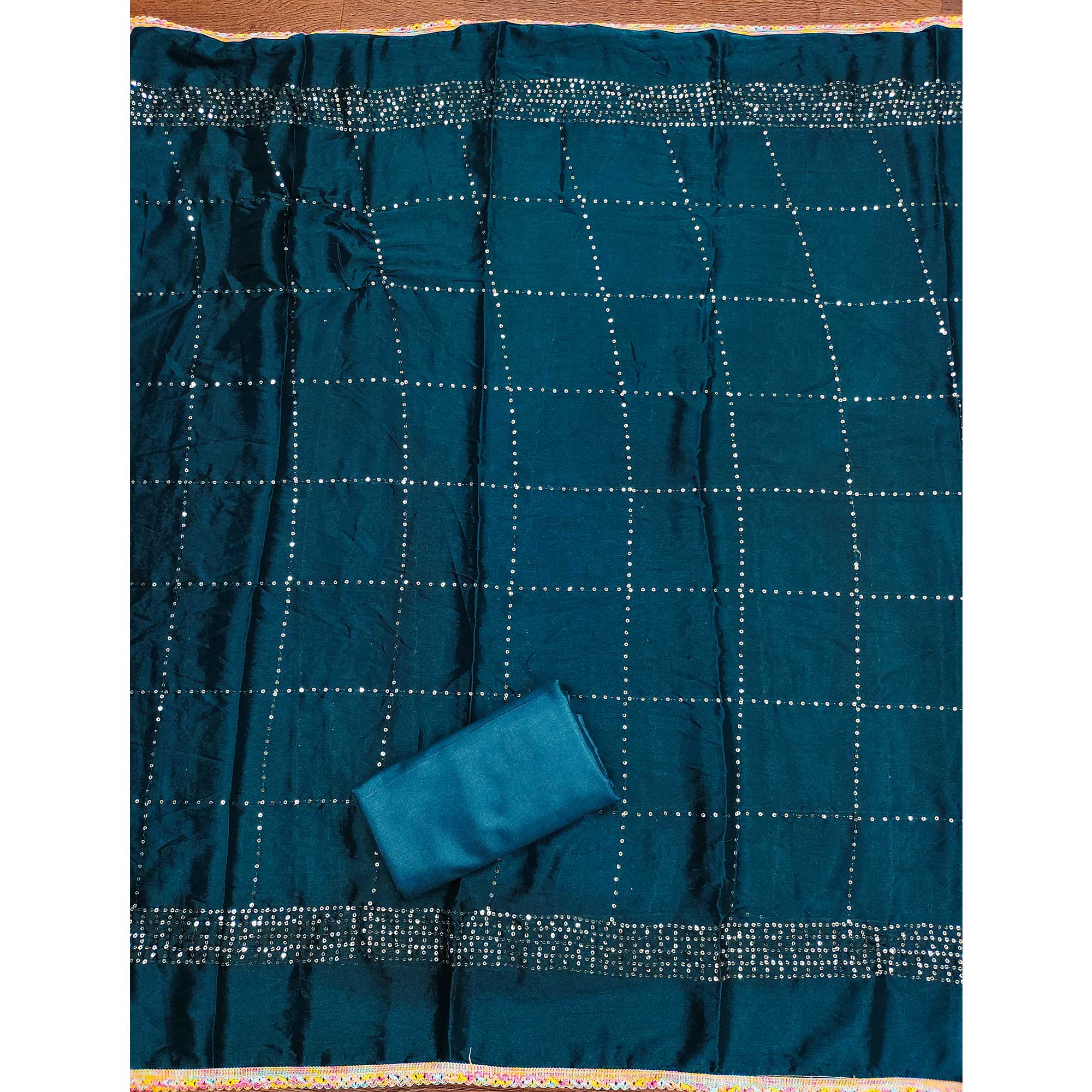 Festive Teal Dress Material in Vichitra Silk with Sequin Highlights