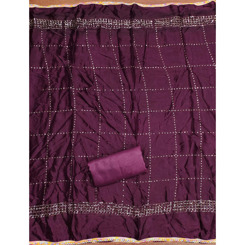Festive Wine Dress Material in Vichitra Silk with Sequin Highlights
