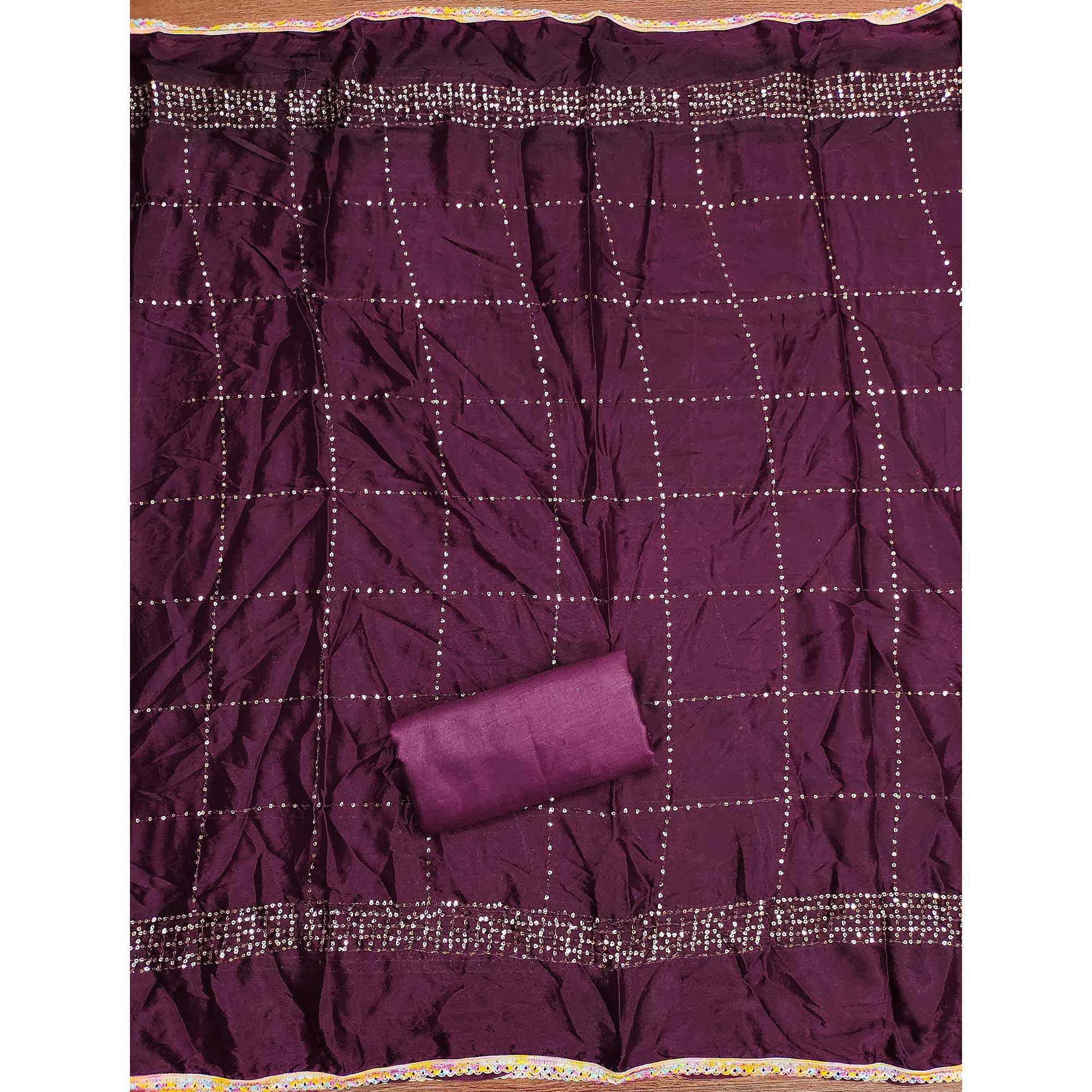Festive Wine Dress Material in Vichitra Silk with Sequin Highlights