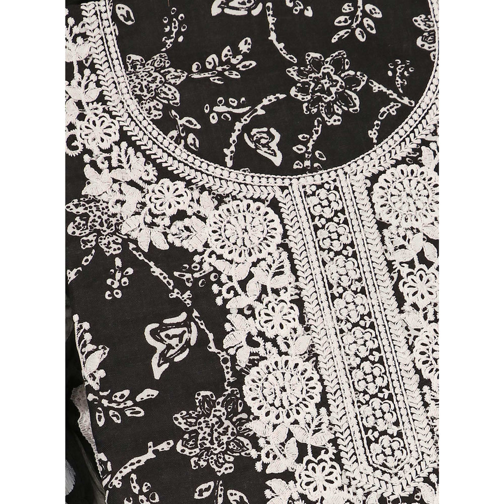 Black Printed With Embroidery Pure Cotton Dress Material