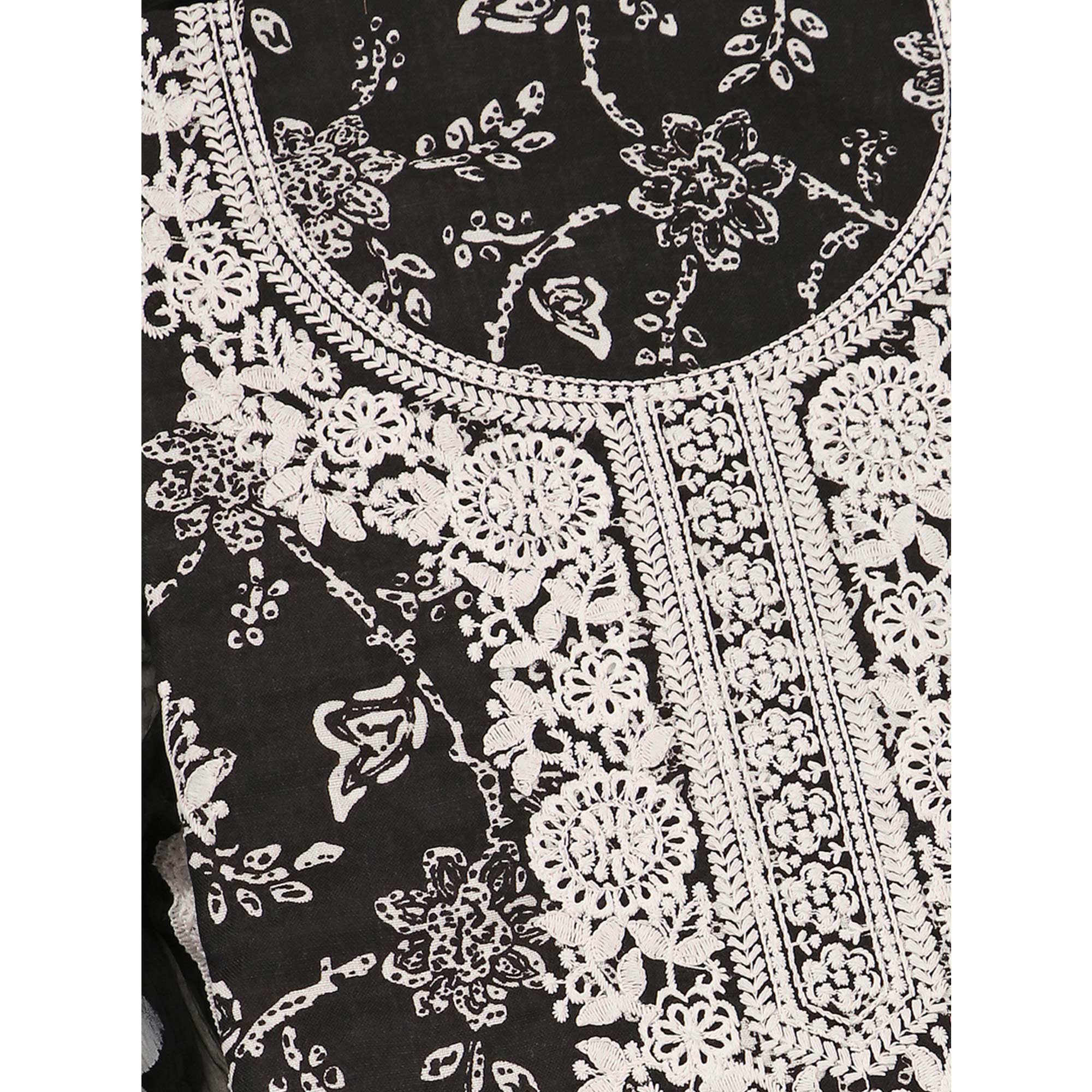Black Printed With Embroidery Pure Cotton Dress Material