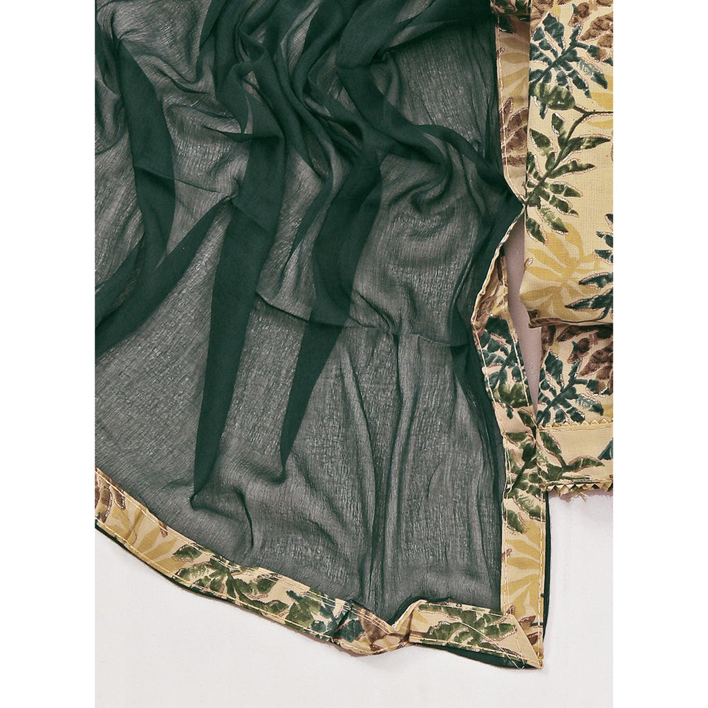 Chikoo & Green Foil Printed With Handwork Pure Pure Cotton Dress Material