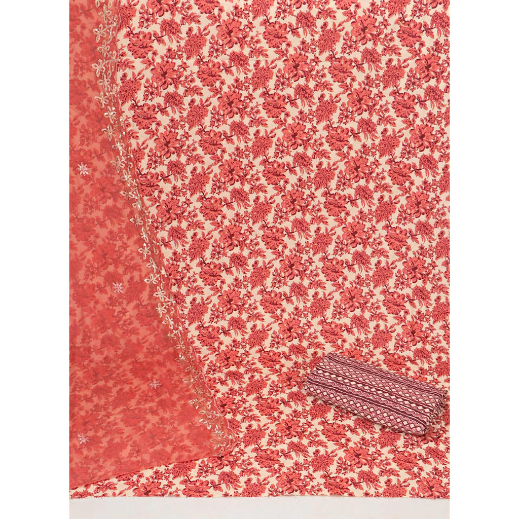 Peach Floral Foil Printed Cotton Blend Dress Material