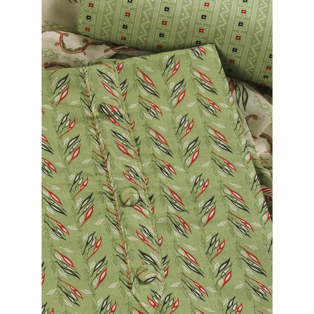 Fresh Green Dress Material in Pure Cotton with Subtle Leaf Print Accents