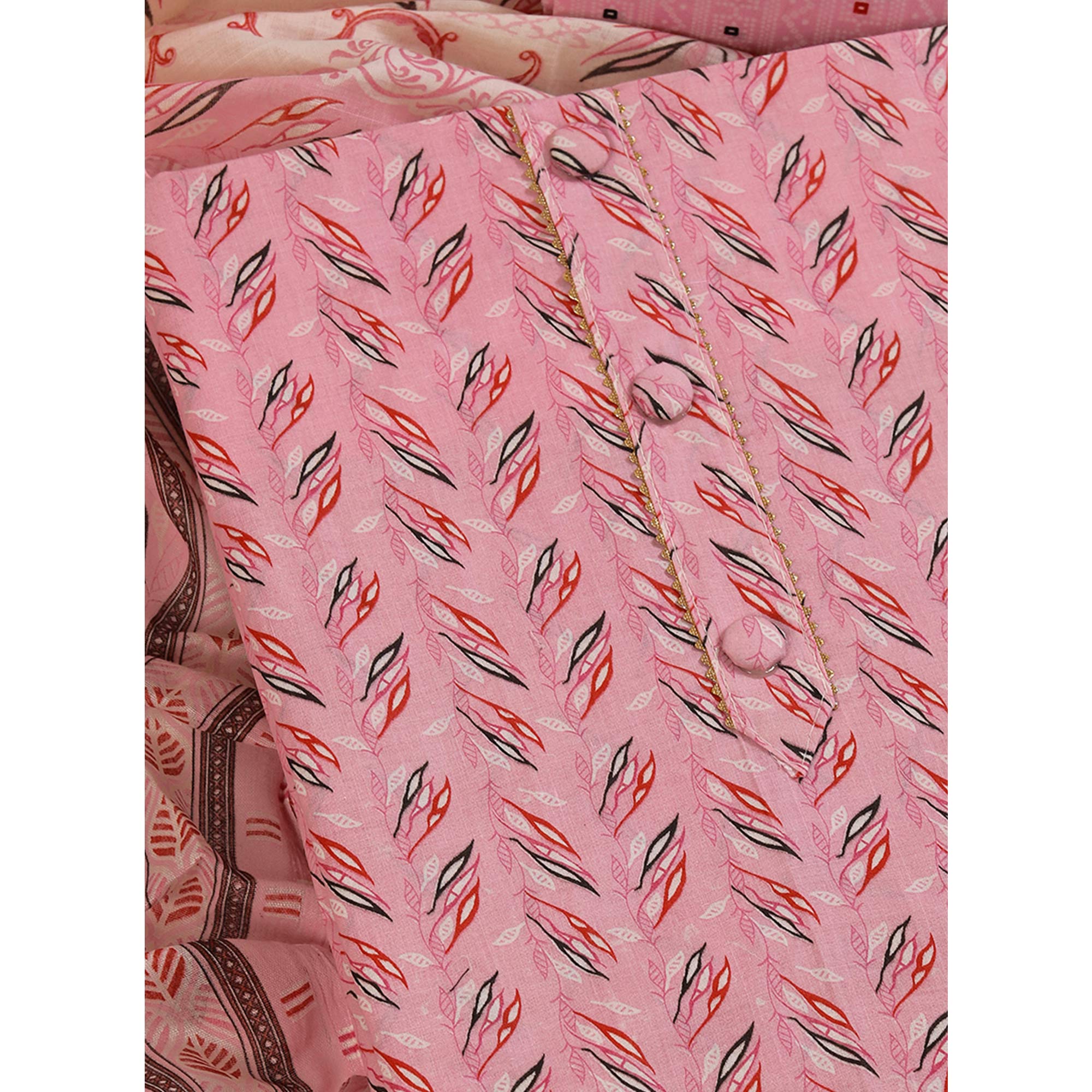 Fresh Pink Dress Material in Pure Cotton with Subtle Leaf Print Accents