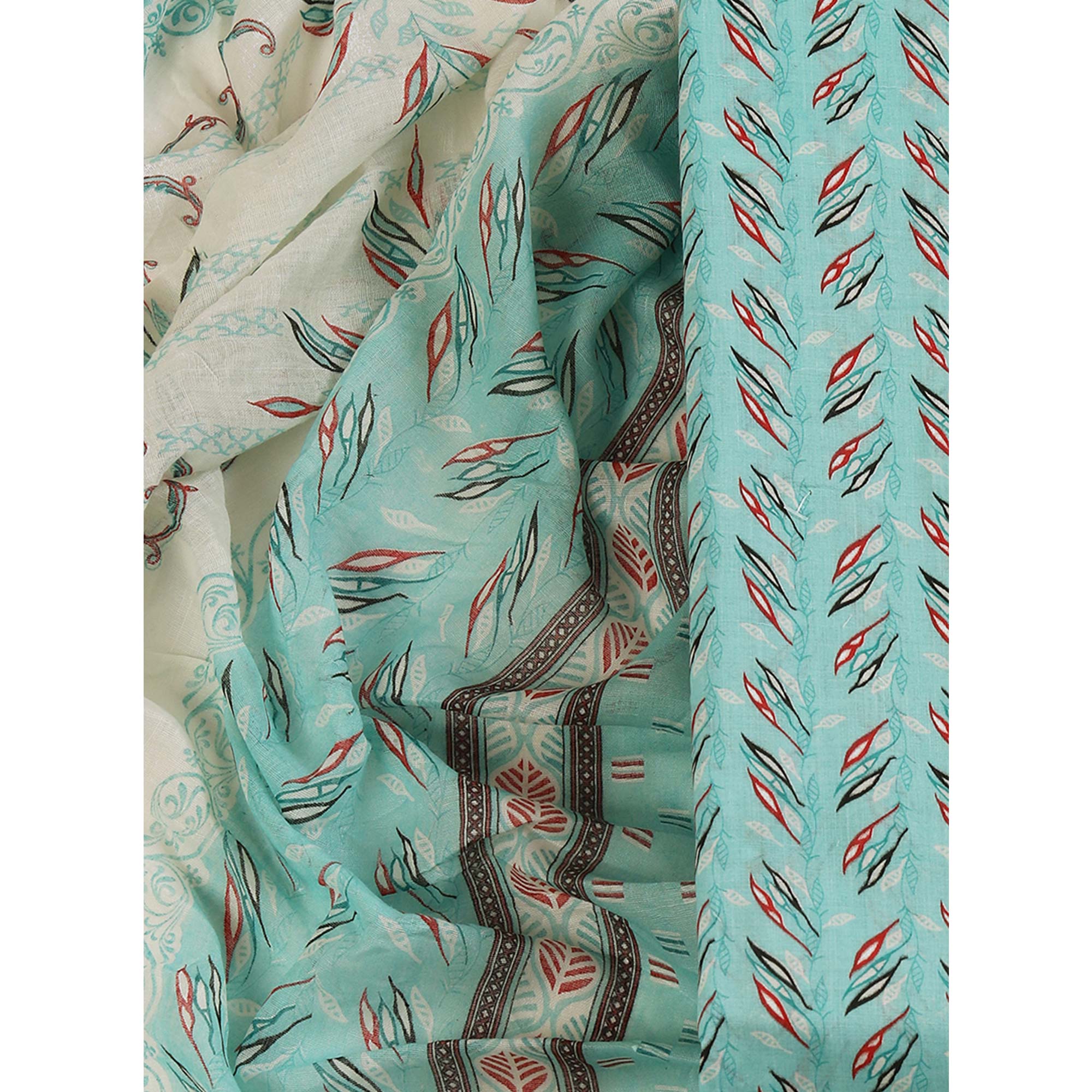 Fresh Sea Green Dress Material in Pure Cotton with Subtle Leaf Print Accents