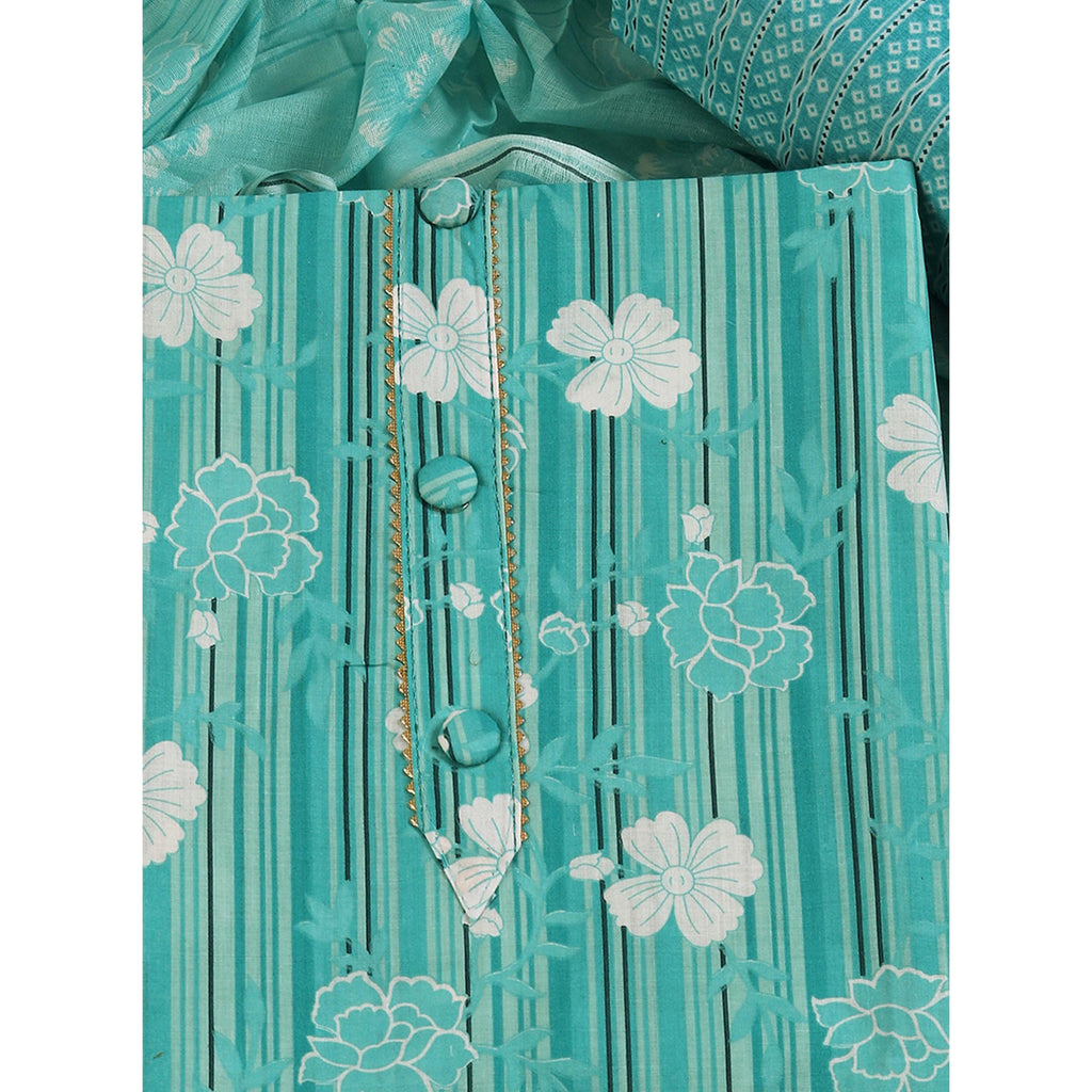 Elegant Sea Green Pure Cotton Ensemble Showcasing Subtle Floral Print Work Dress Material
