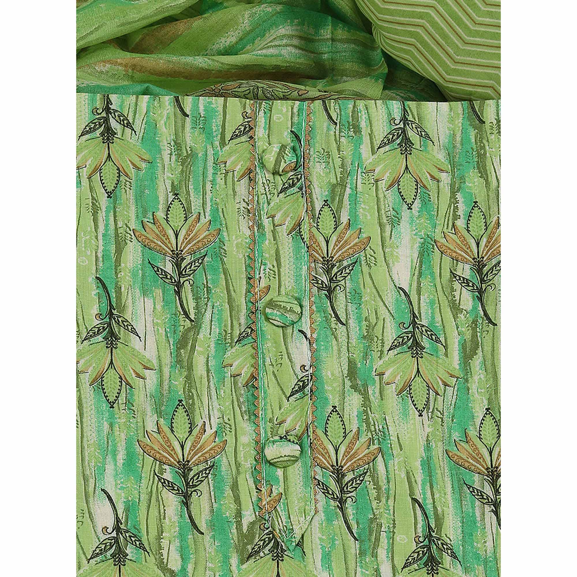 Green Pure Cotton Ensemble with All-Over Floral Motif Designs Dress Material