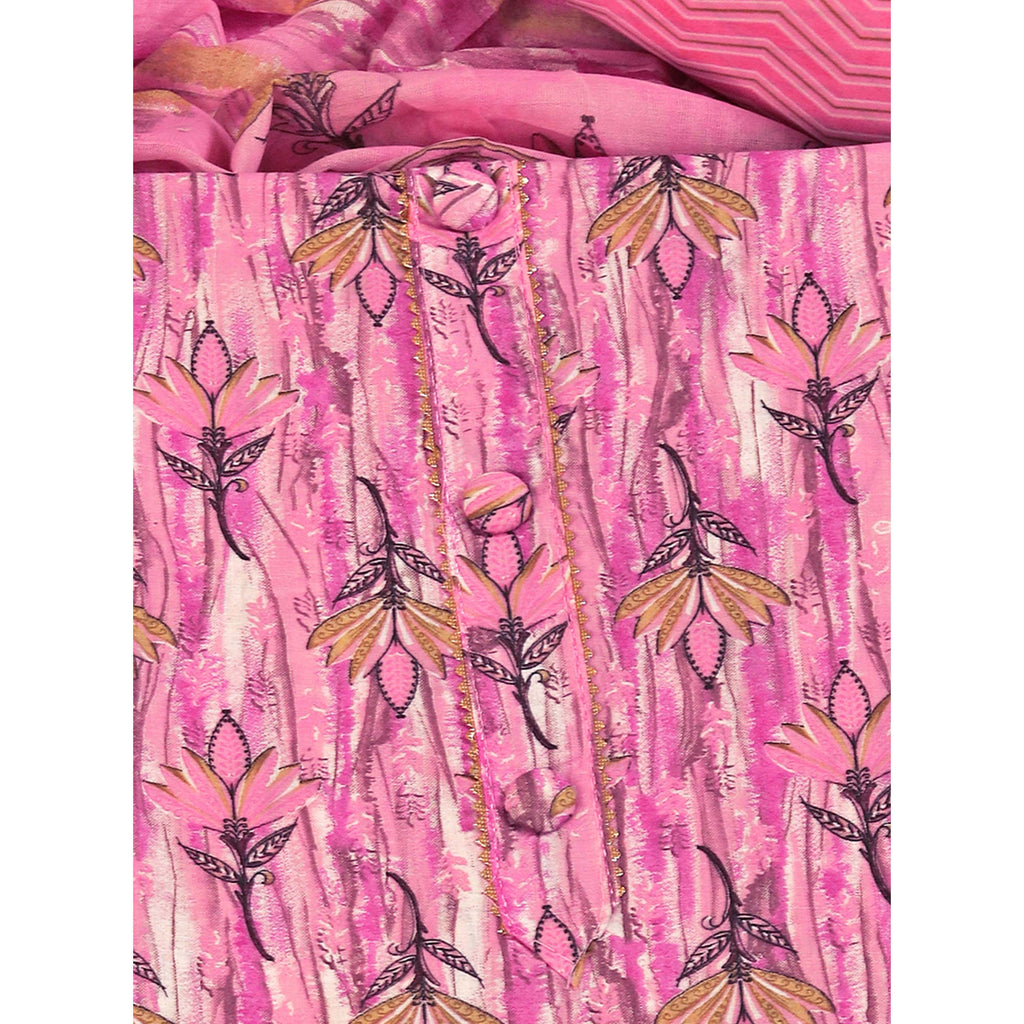 Pink Pure Cotton Ensemble with All-Over Floral Motif Designs Dress Material