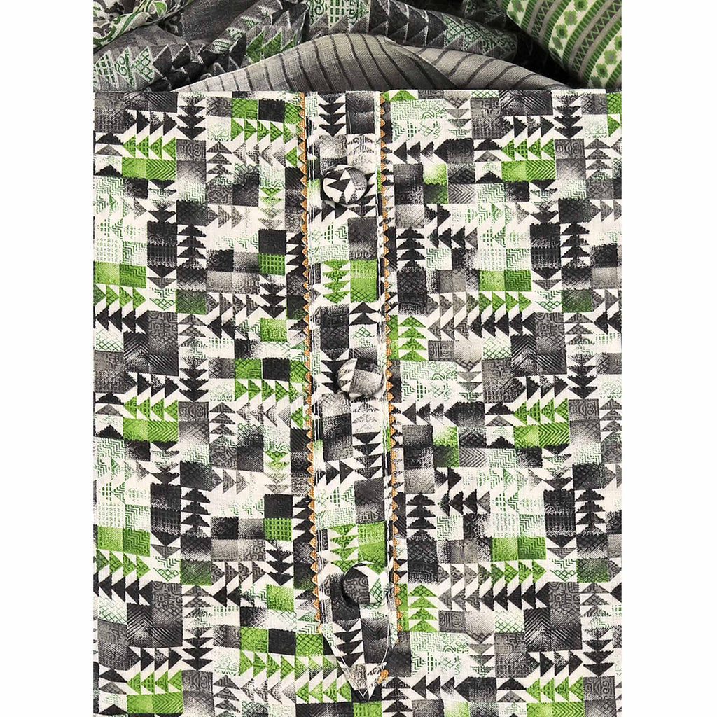 Cotton Dress Material Featuring a Grey and Green Palette with Artistic Geometric Patterns