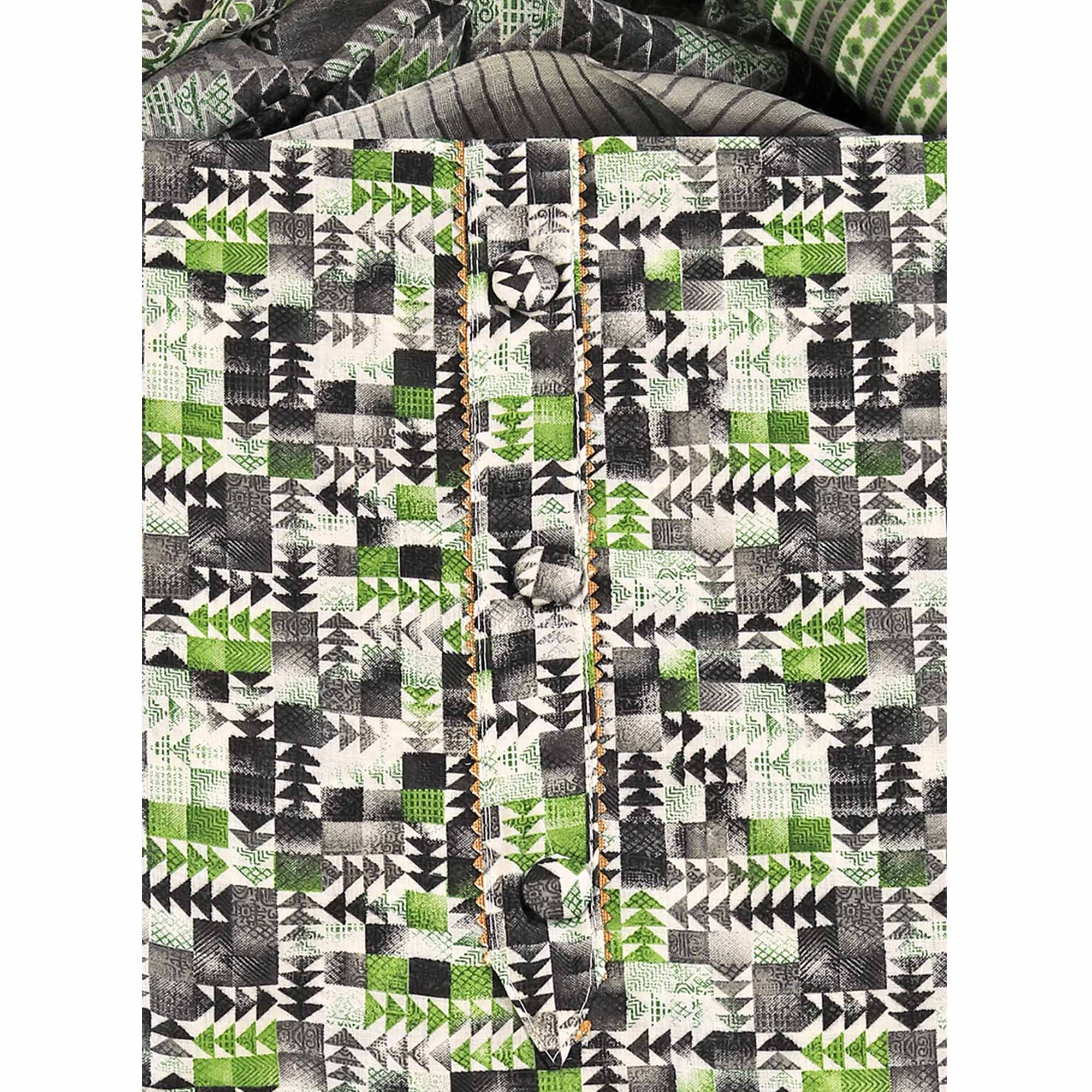 Cotton Dress Material Featuring a Grey and Green Palette with Artistic Geometric Patterns