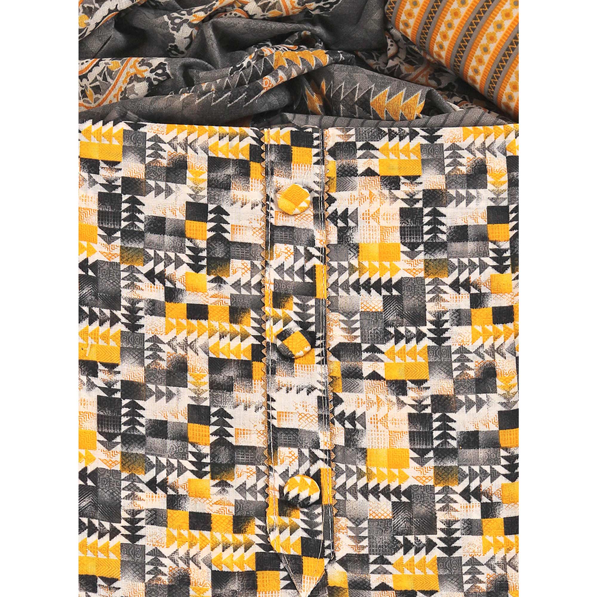 Cotton Dress Material Featuring a Grey and Yellow Palette with Artistic Geometric Patterns