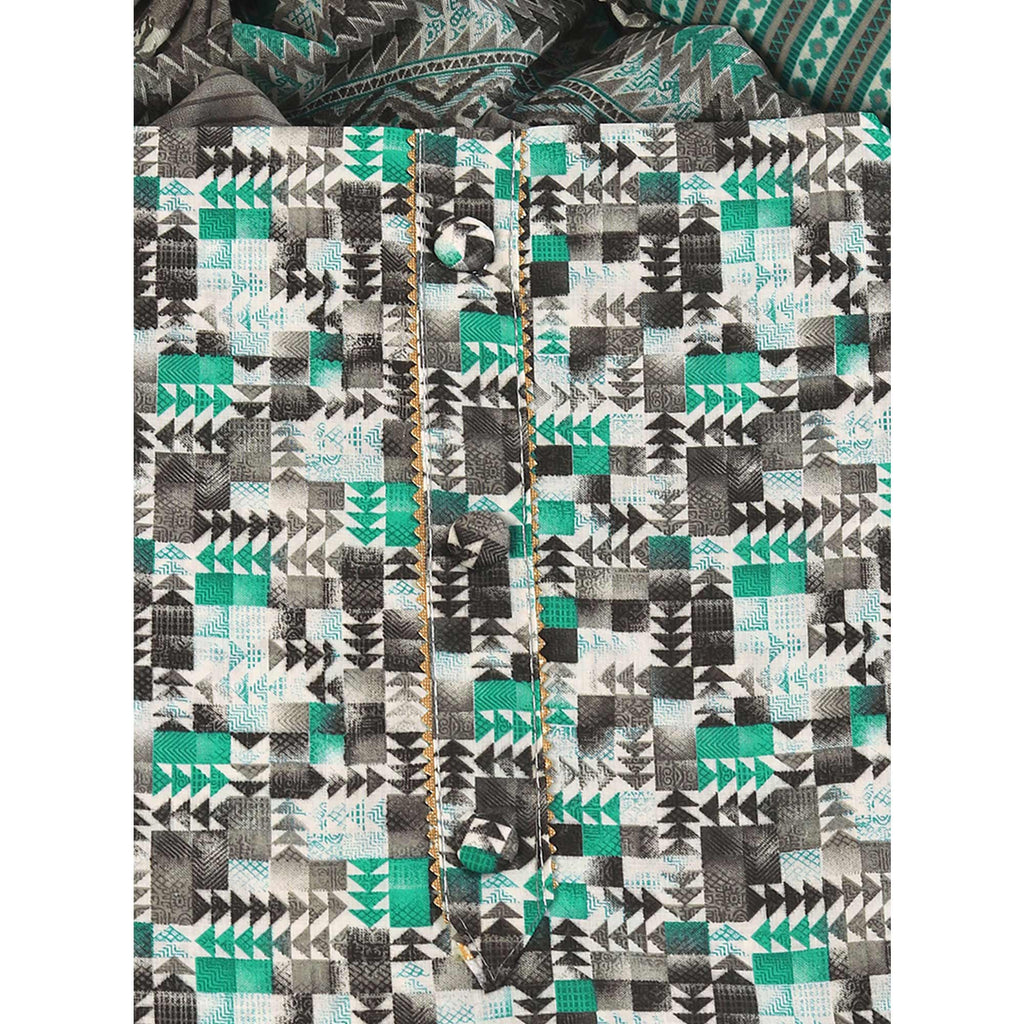 Cotton Dress Material Featuring a Grey and Rama Green Palette with Artistic Geometric Patterns