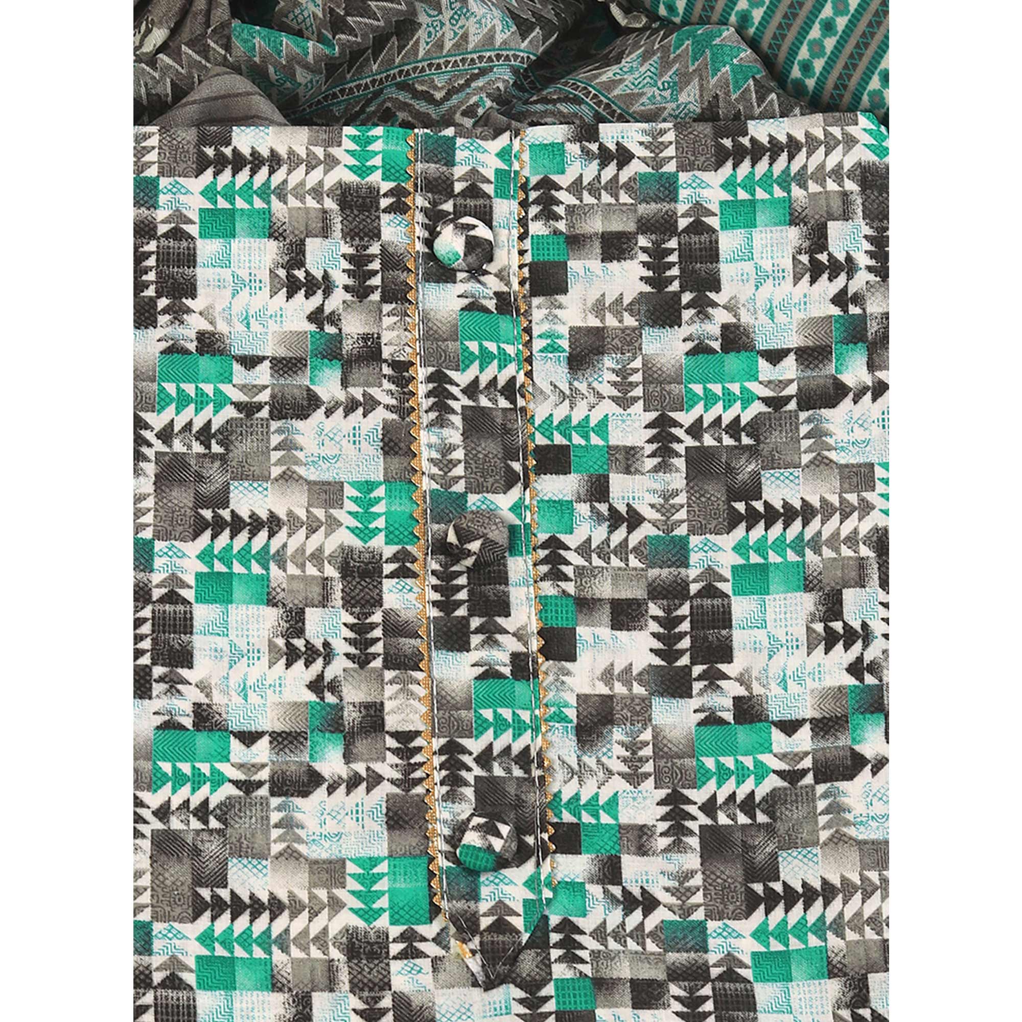 Cotton Dress Material Featuring a Grey and Rama Green Palette with Artistic Geometric Patterns