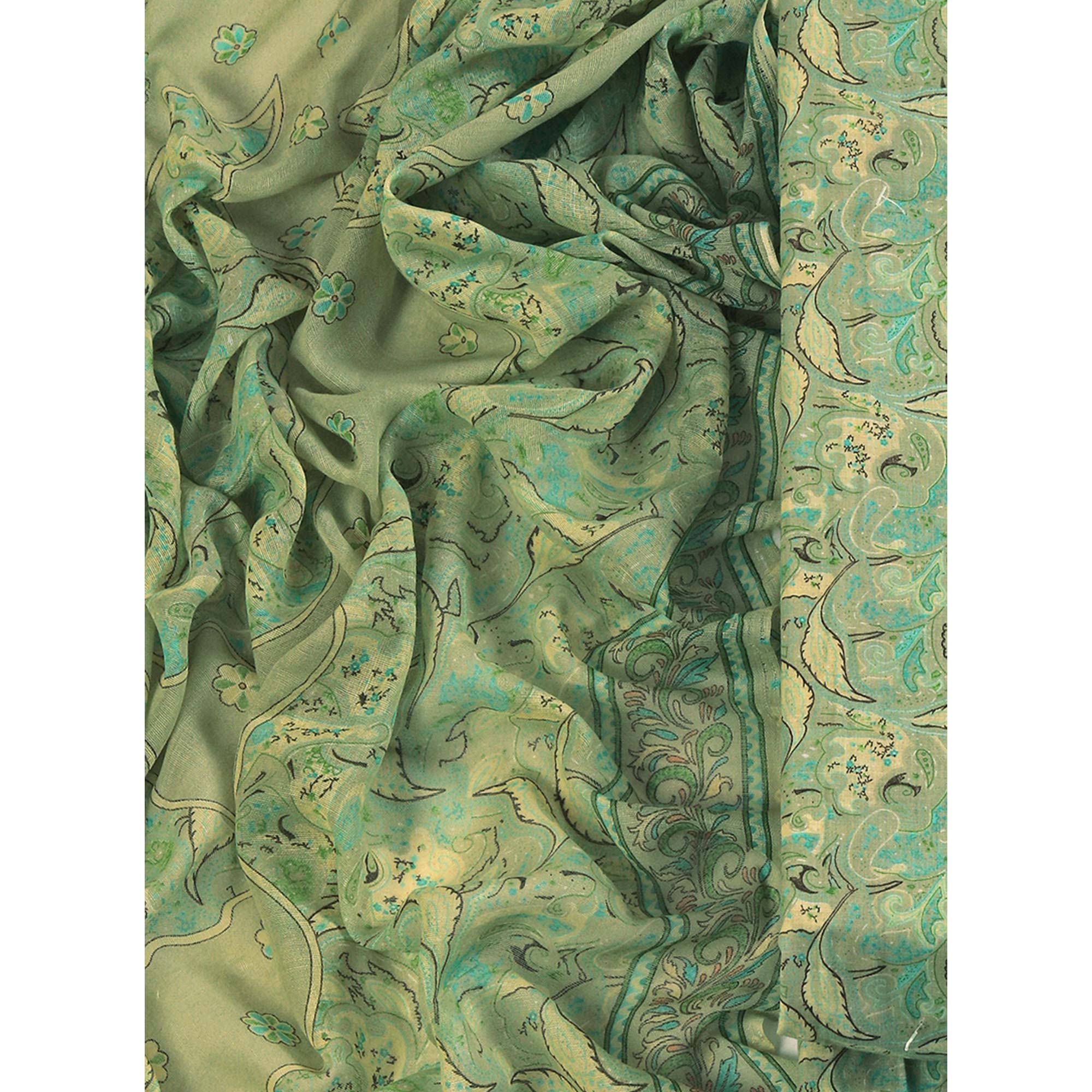 Floral Elegance in Green Pure Cotton Unstitched Dress Material