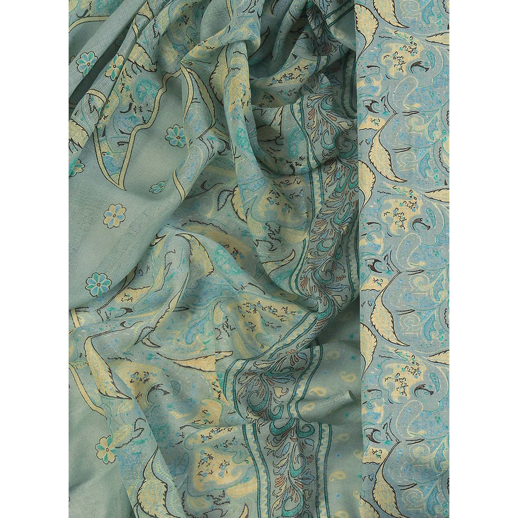 Floral Elegance in Pastel Green Pure Cotton Unstitched Dress Material