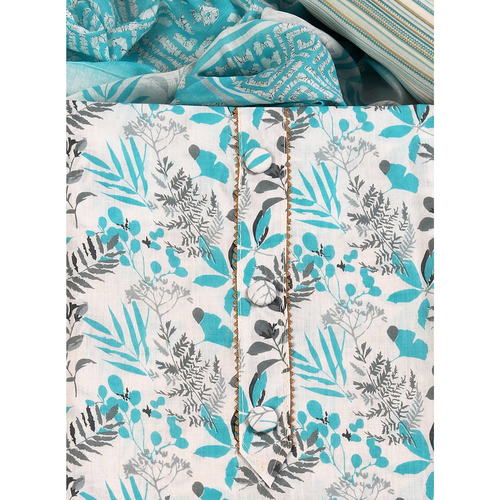 Floral Motifs on Blue Pure Cotton Dress Material for Effortless Style