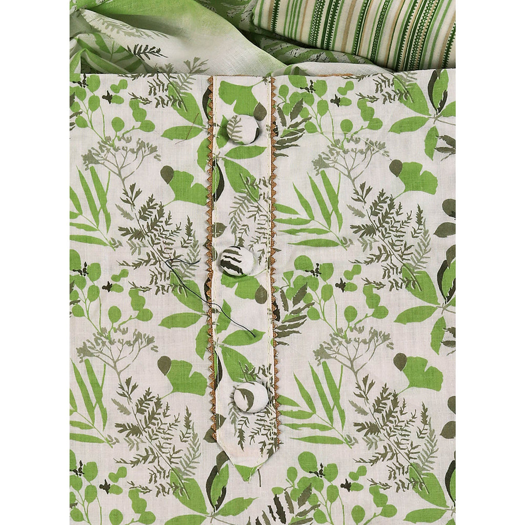 Floral Motifs on Green Pure Cotton Dress Material for Effortless Style