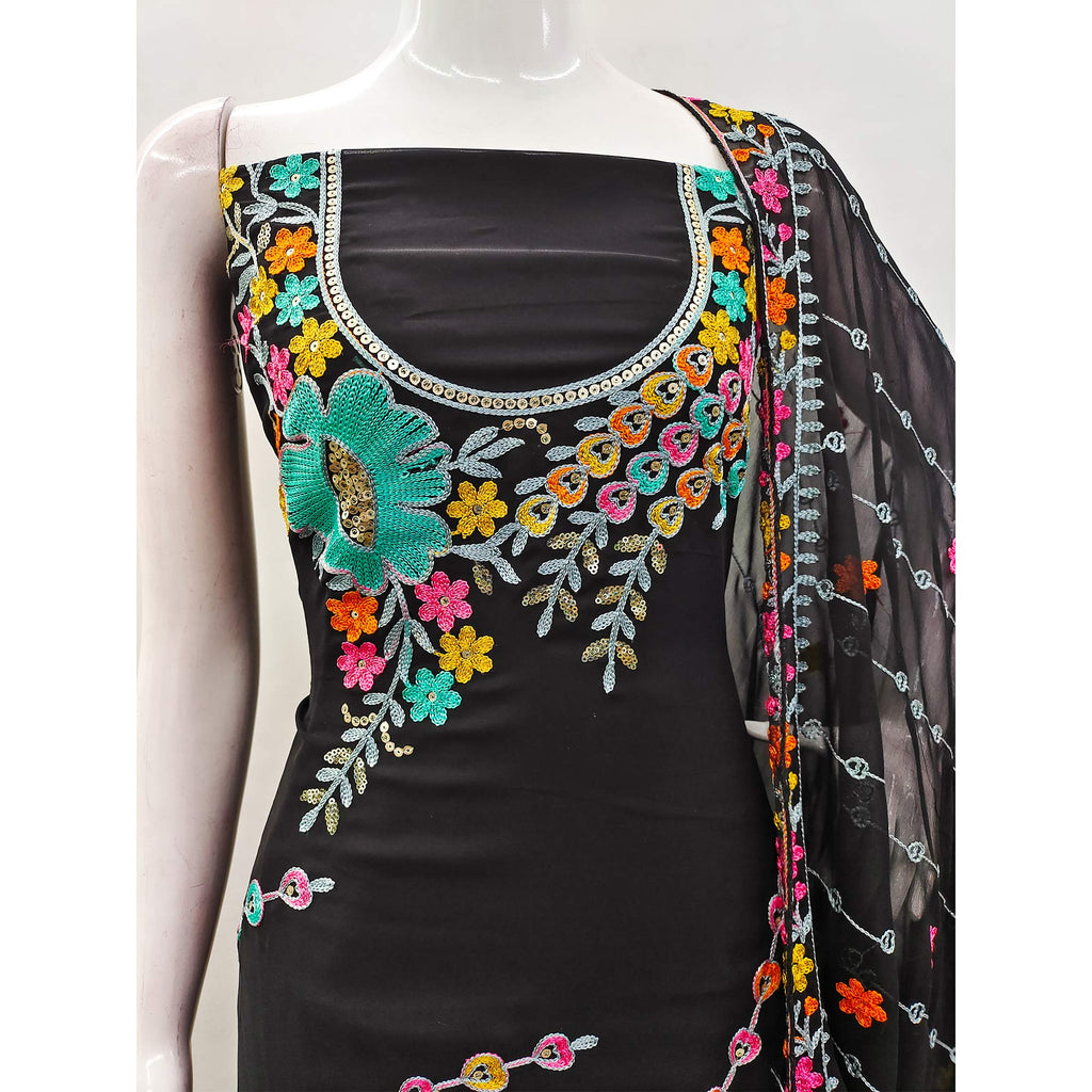 Black Floral Sequins Embroidered Georgette Dress Material