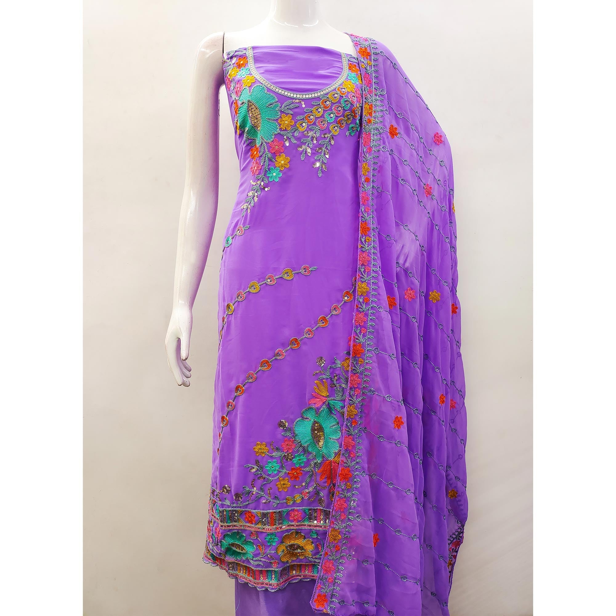 Lavender Floral Sequins Embroidered Georgette Dress Material