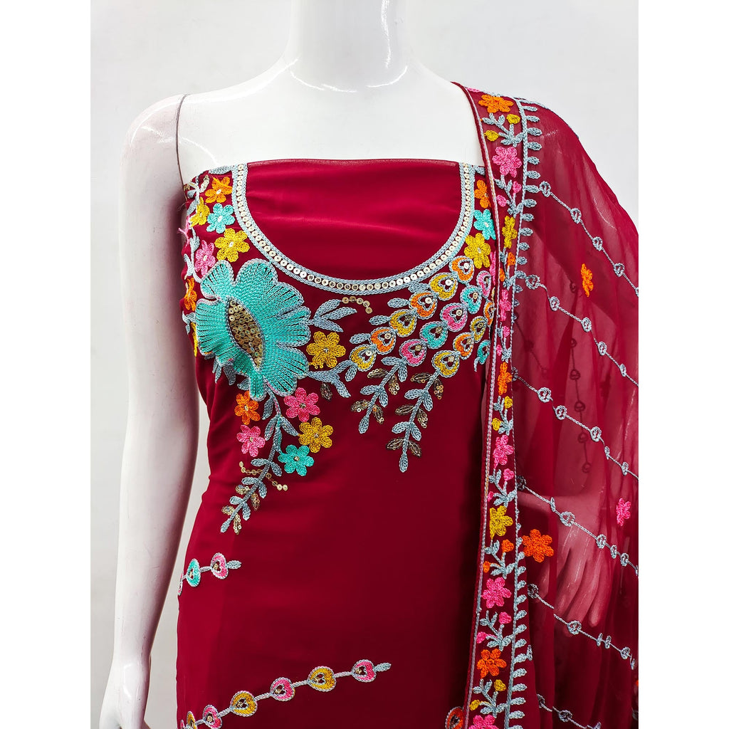 Maroon Floral Sequins Embroidered Georgette Dress Material