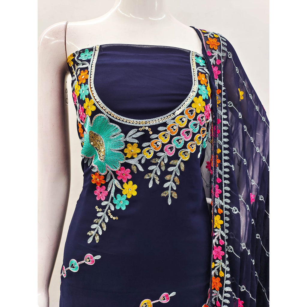 Navy Blue Floral Sequins Embroidered Georgette Dress Material