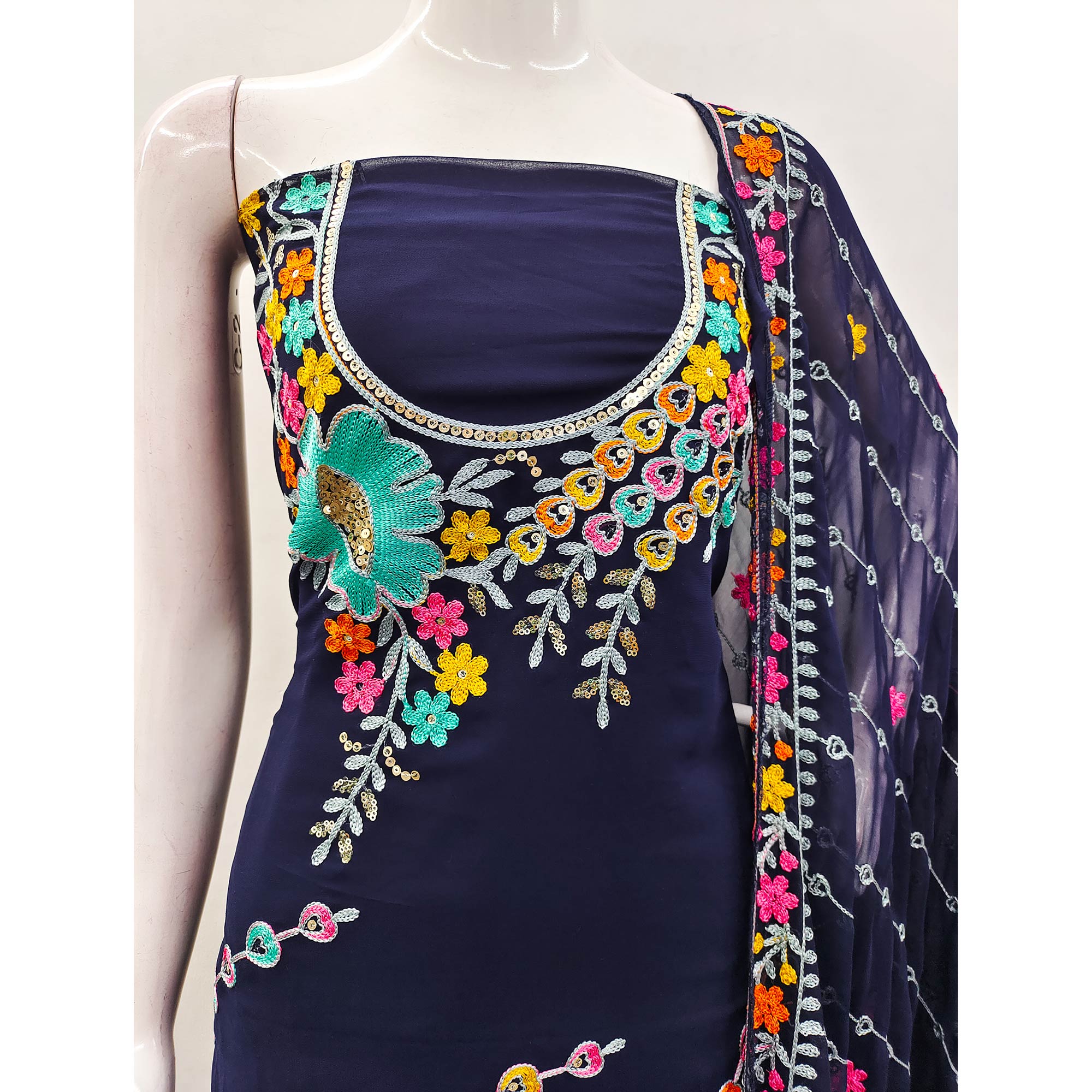 Navy Blue Floral Sequins Embroidered Georgette Dress Material