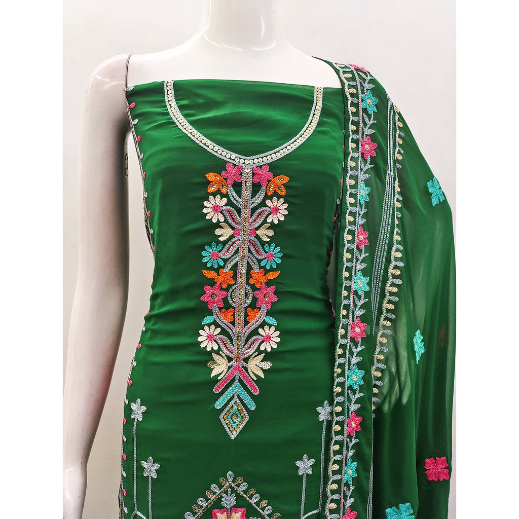 Dark Green Floral Sequins Embroidered Georgette Dress Material