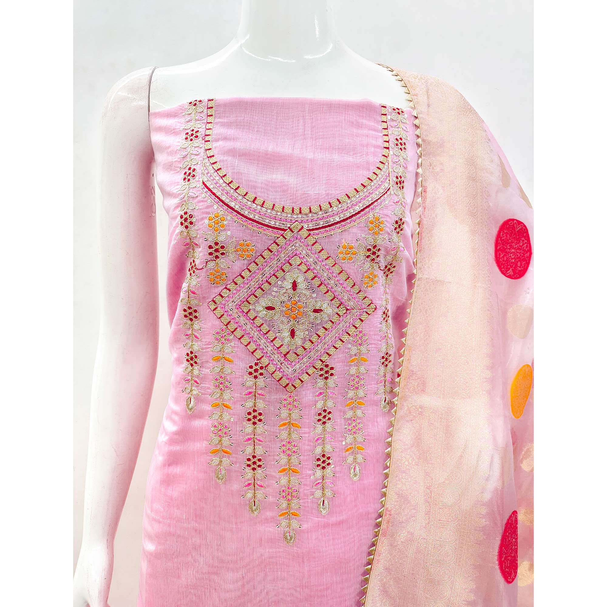 Pink Floral Sequins Embroidered Chanderi Dress Material