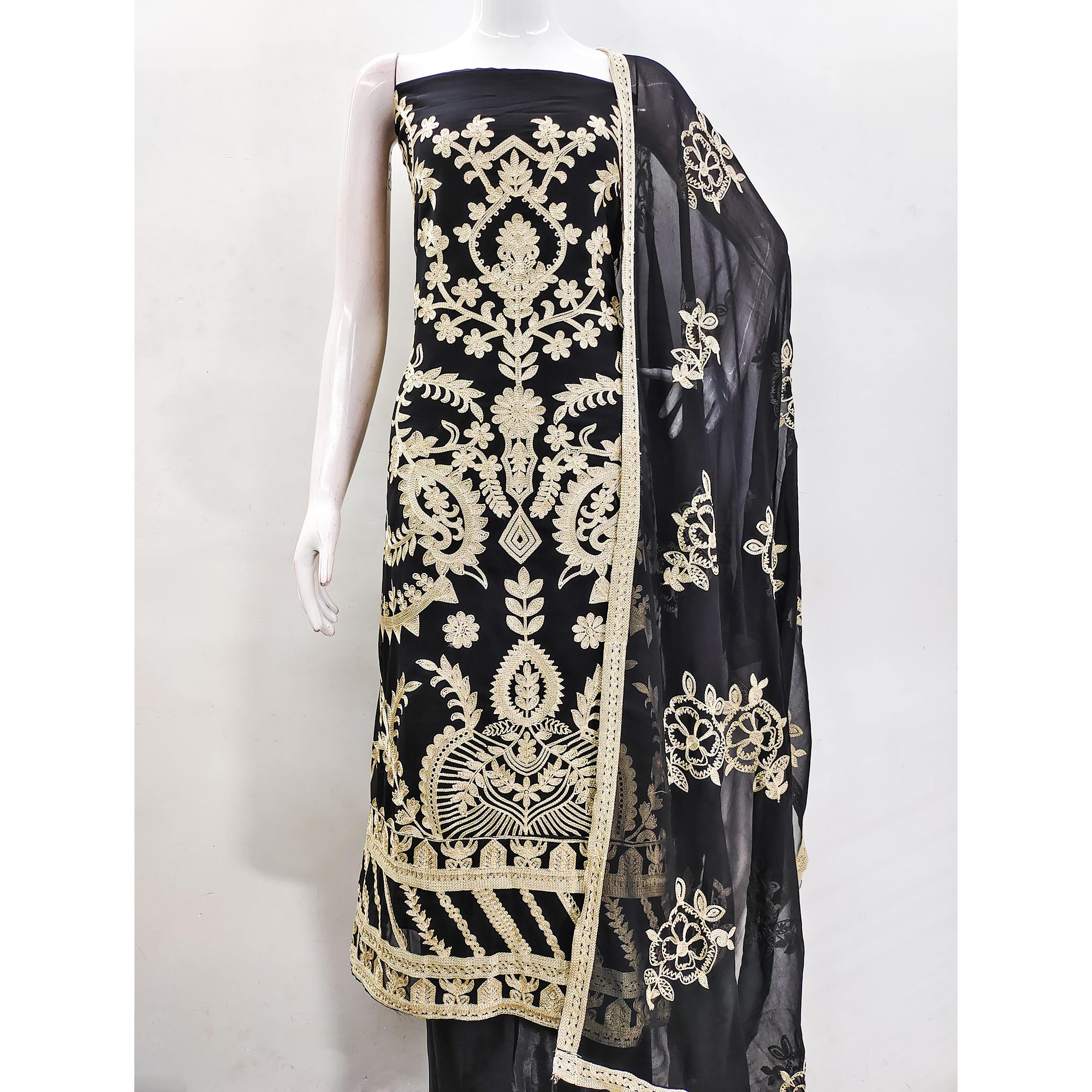 Black Floral Embroidered Georgette Dress Material