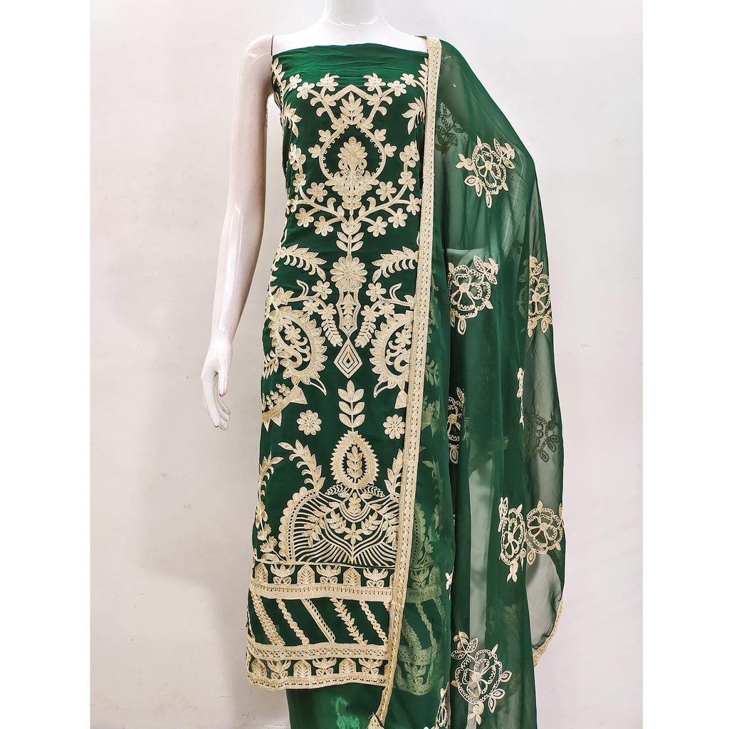 Green Floral Embroidered Georgette Dress Material